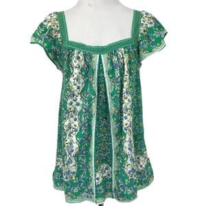 Max Studio Green Floral Square-Neck Flutter Sleeve Blouse